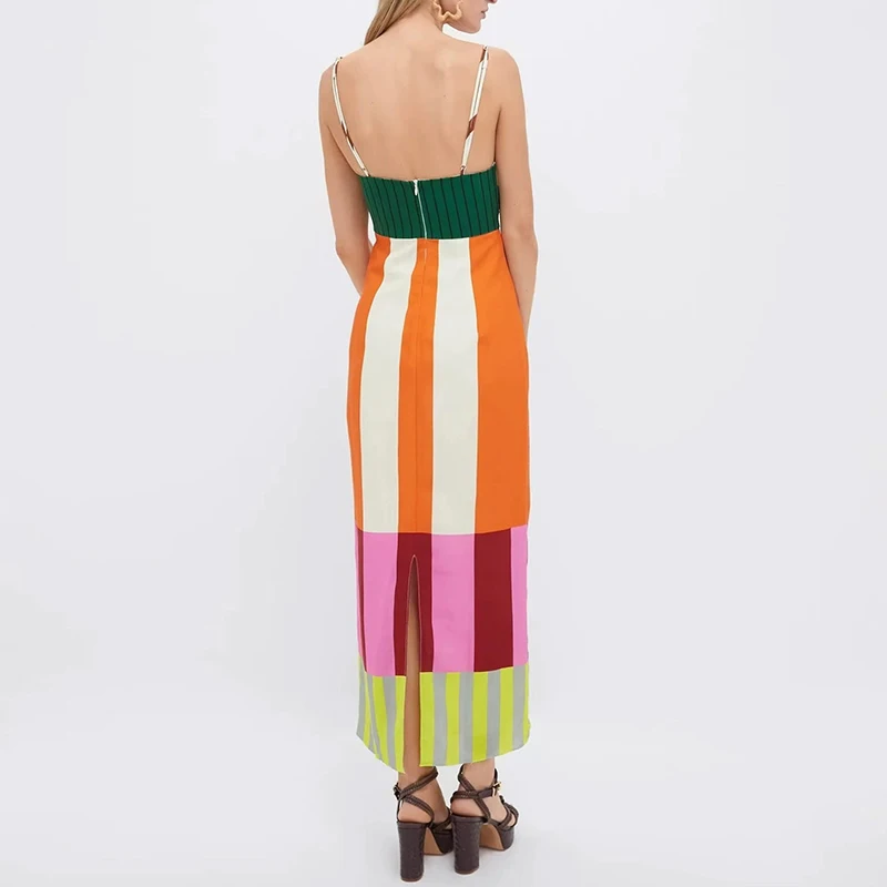 Femme printemps rayé imprimé Patchwork robe de vacances Sexy Slash cou taille haute mince longue robe d'été dos nu fermetures éclair Boho robe d'été