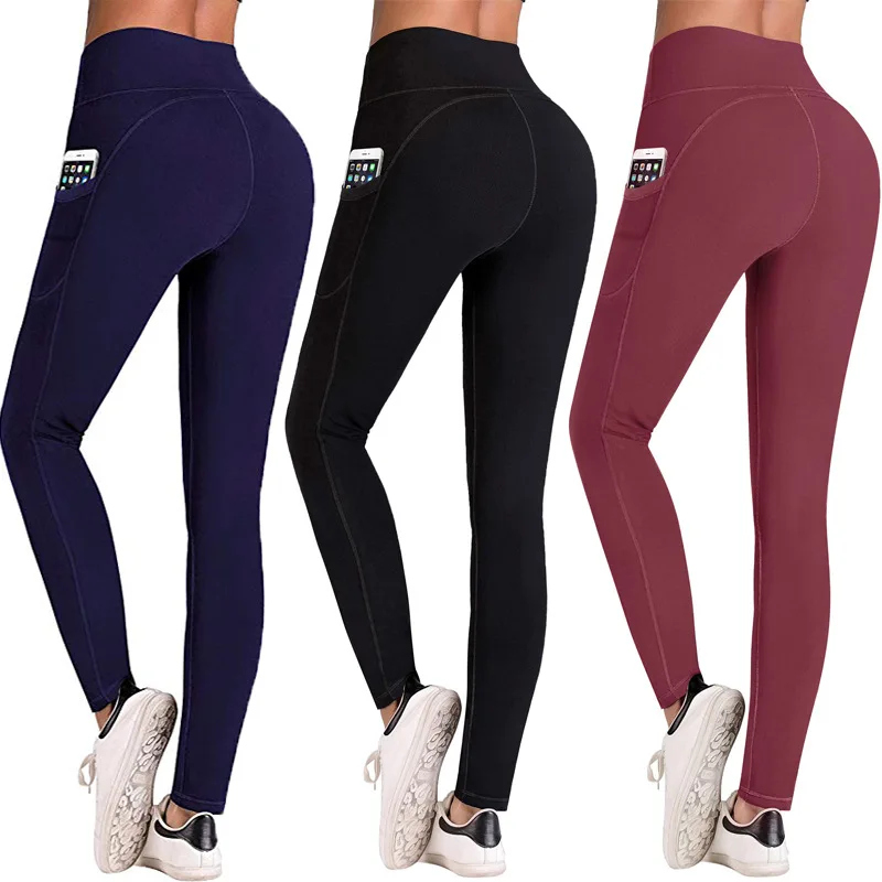 High Waist Women's Leggings Stretch Yoga Pants Tights with Pockets Push Up Fitness Running Sportswear Solid Color Pants