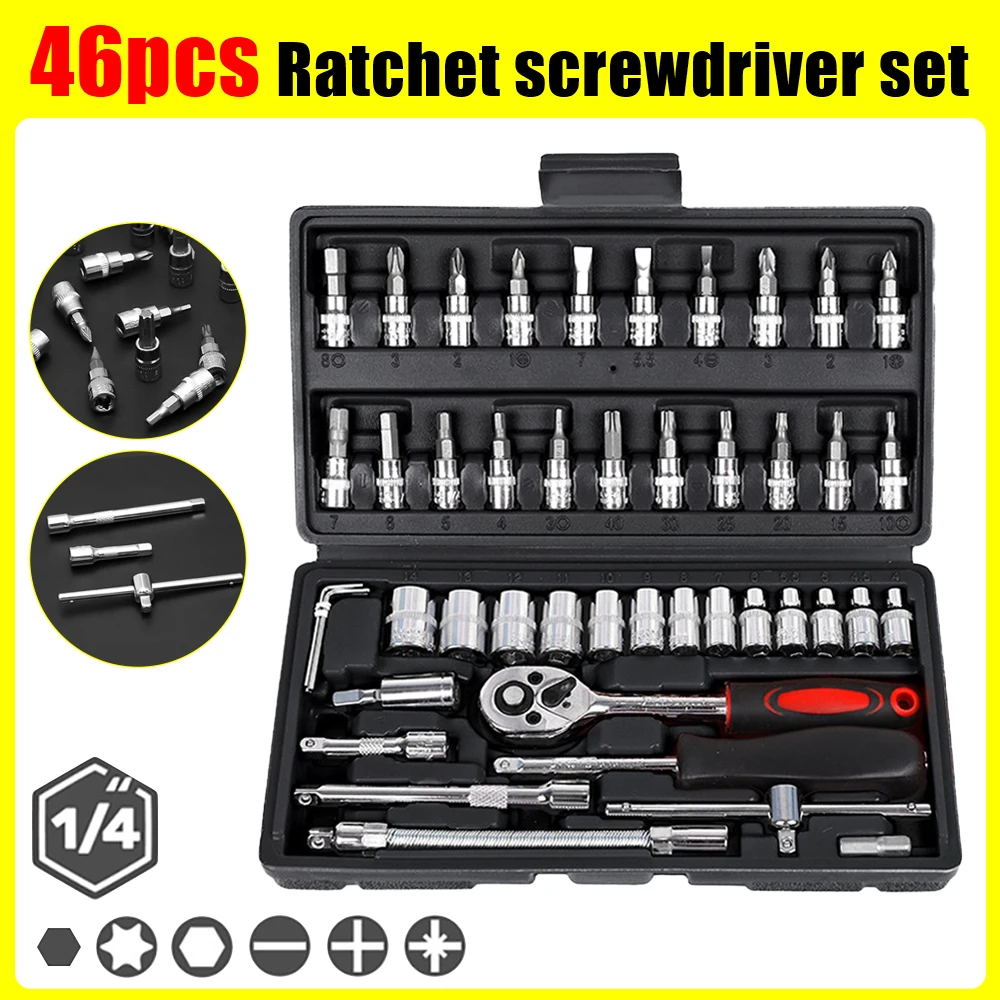 

46pcs 1/4 Inch Car Repair Tool Kit Drive Socket Ratchet Wrench Set, Combo Tools Kit Bicycle Auto Repairing Tool