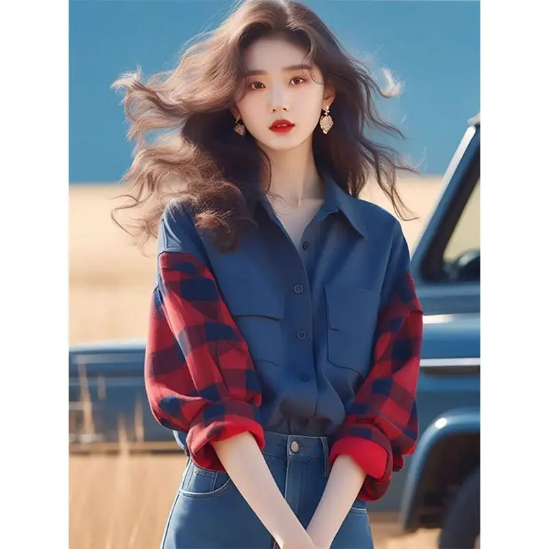 Vintage Plaid Patchwork Shirt Tops Spring New Polo Neck Long Sleeve Contrast Street Casual Blouse Trend Fashion Women Clothing