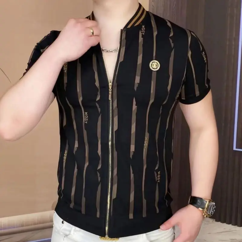 Men's New Summer T-shirt Zipper Short-sleeved Cardigan Sweater Round Neck Fashionable and Handsome Top Thin