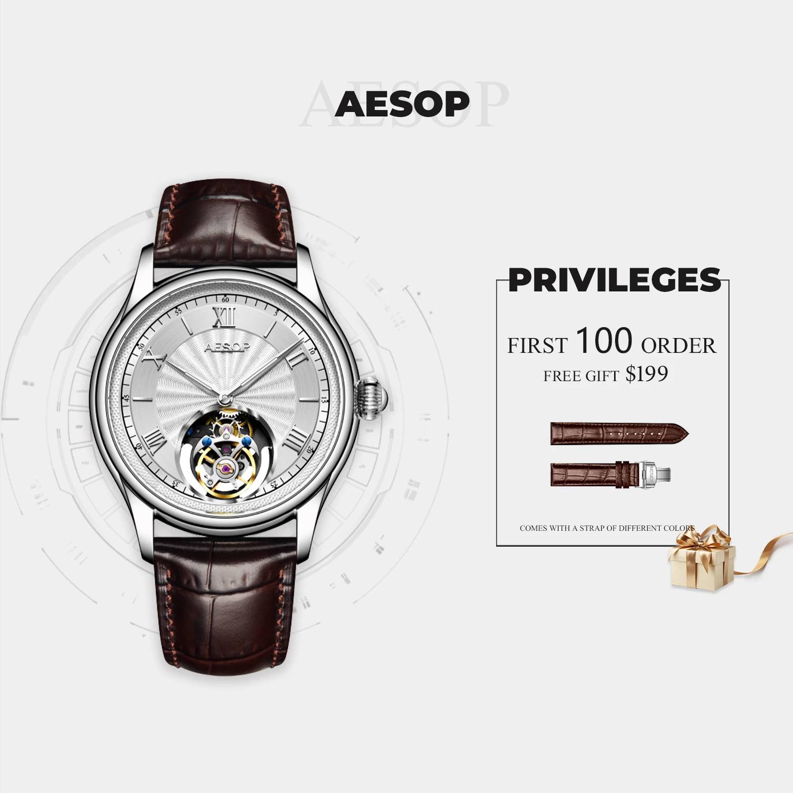 AESOP Luxury Men's Tourbillon Manual Mechanical Watch Classic Fashion Light Luxury 3Bar Waterproof Watch with Leather Strap