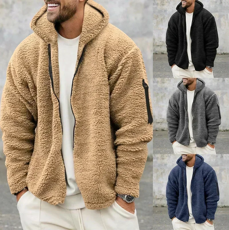 

Men's Winter Thick Jacket Double-sided Fleece Windproof Warmth Jacket Baggy Hooded Casual Zipper Jacket Coat Solid Color Outwear