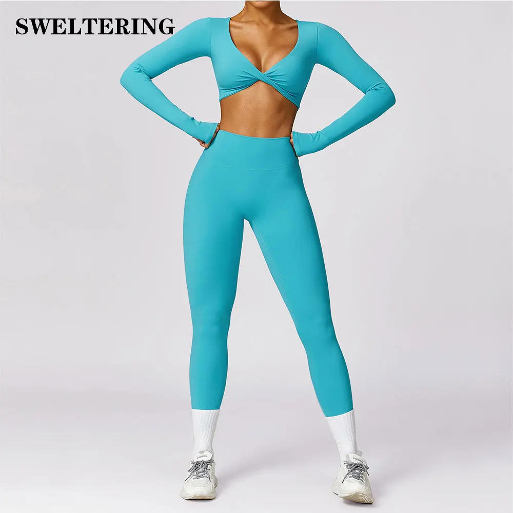 Women Yoga Set 2PCS Workout Tracksuit Sportswear Gym Clothing Fitness Long Sleeve Crop Top High Waist Leggings Sports Suits