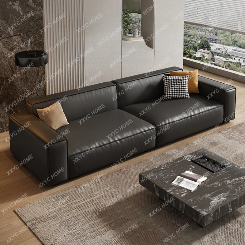 Leather Sofa Living Room First Layer Cowhide Simple Tofu Block Straight Row Small Apartment Leather Sofa