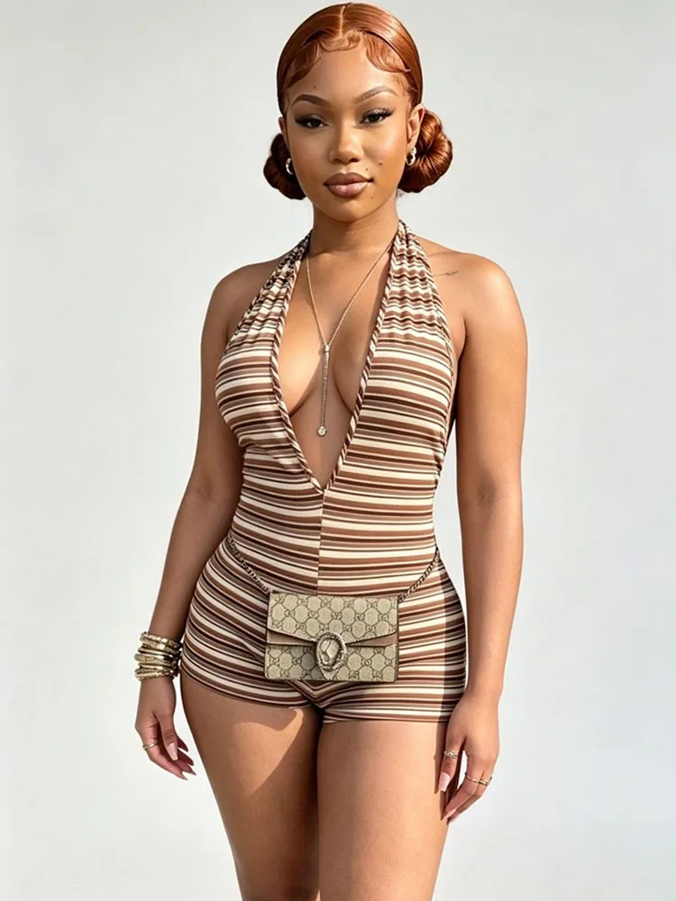 

Doyerl Striped Summer Romper for Woman Jumpsuit Shorts Sleeveless Halter Deep V-neck Skinny Backless Playsuit Combinaison Short