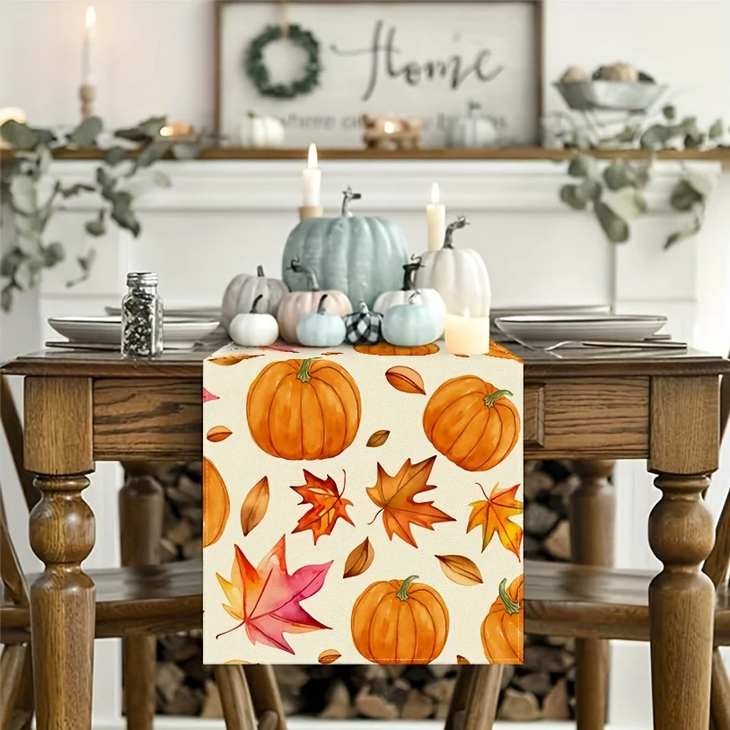 1 Piece of Autumn Pumpkin Maple Leaf Table Runner, with a Light Background and Full Watercolor-Style Pumpkin and Maple Leaf Patterns, Suitable for Autumn Family Gatherings, Pastoral-Style Restaurants, Harvest Festival Decorations, Country Homestay Decorations, Outdoor Picnics, Art Studios, Cozy Living Rooms, and Holiday Gift-Giving Scenes