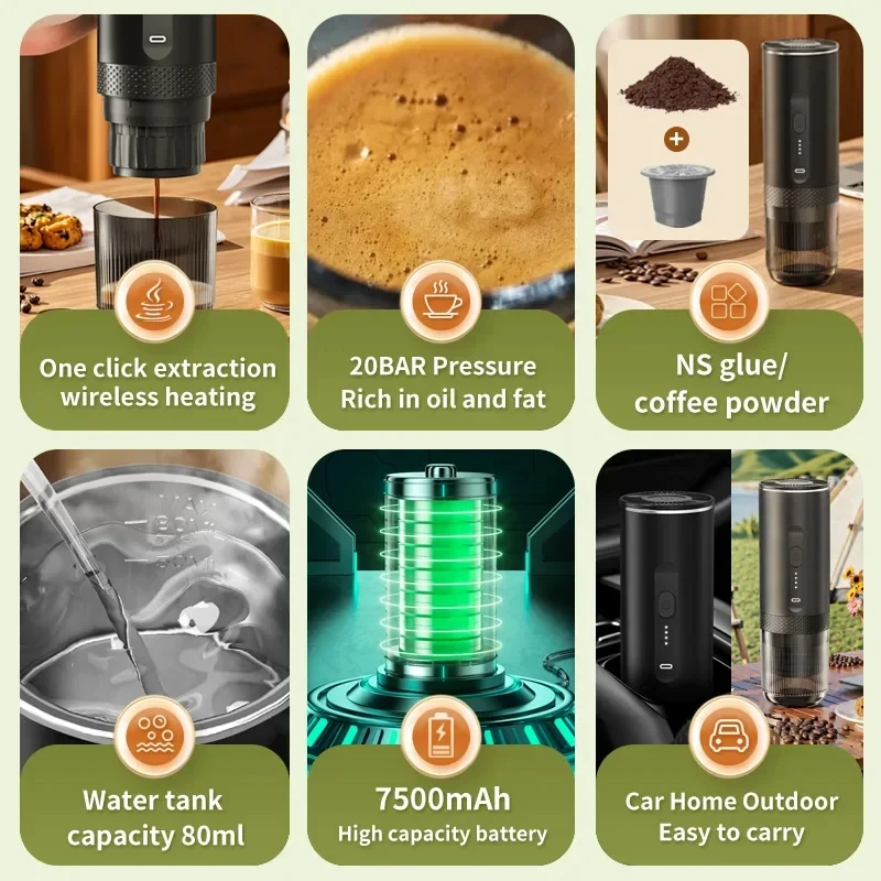 New 3 in 1 Wireless Portable Espresso Machine Capsule Coffee Powder Travel Coffee Maker Smart Extraction Wireless Heating