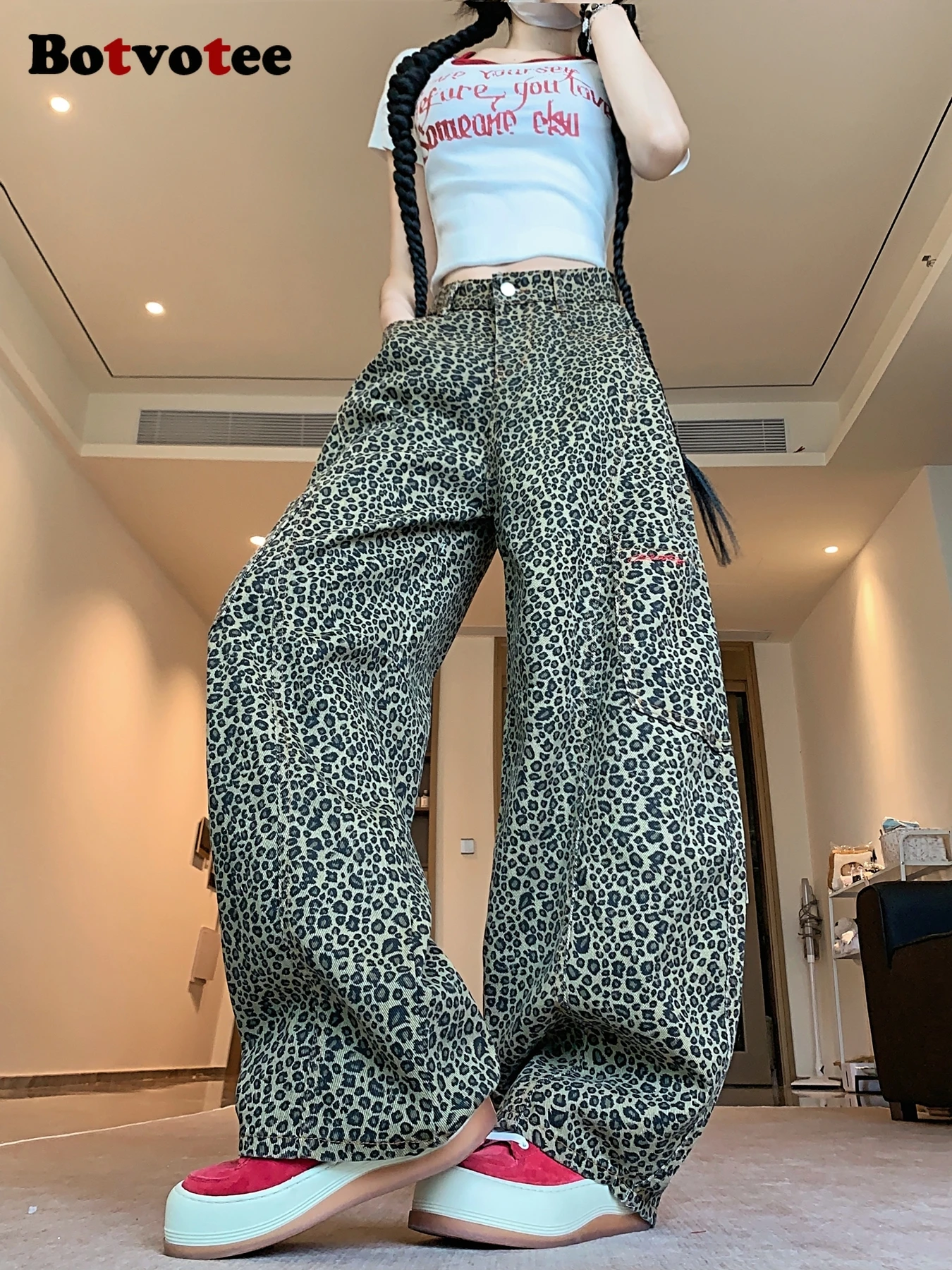 Botvotee Baggy Leopard Print Jeans for Women Retro American High Waisted Y2k Denim Pants Hip Hop Straight Wide Leg Cargo Jeans