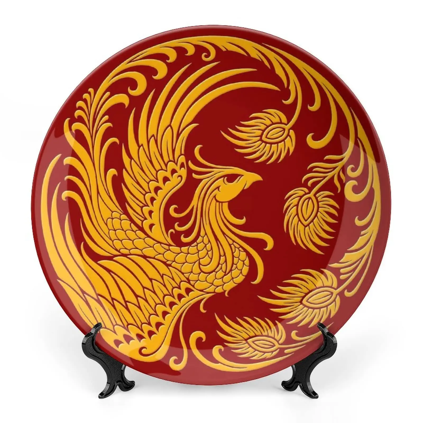 Red Phoenix Customized Bone China Ceramic Decorative Plates with Stand Table Decor Gifts Wall Hanging for Fine Dining, Weddings