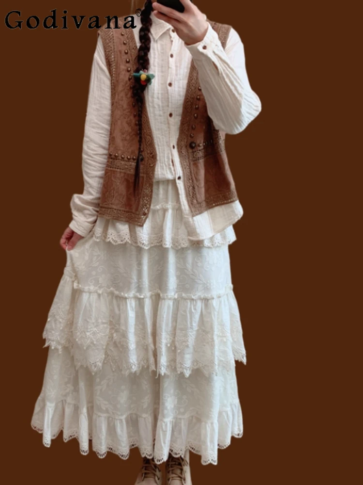 

Autumn Winter Girl Cotton Embroidery Sweet Ruffles Velvet Lace Skirt Fashion Versatile Age-reducing Gauze High Waist Skirts