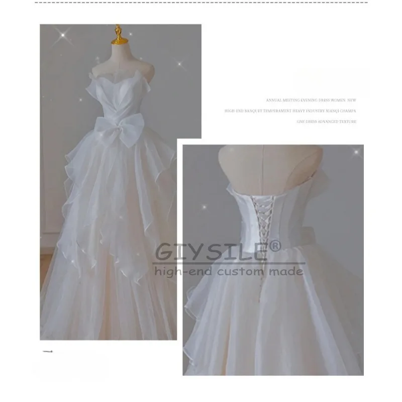 GIYSILE فستان زفاف أبيض فاتح مخصص 2026 موضة جديدة بسيطة مزاجه صديرية دائرية بلا أكمام حزام الظهر فساتين الحفلات