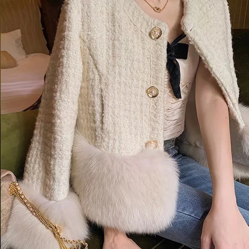 Autumn Winter Women\'s White Imitation Fox Fur Single Breasted Short Jacket New High-Quality Cotton/Non Cotton Wool Coats