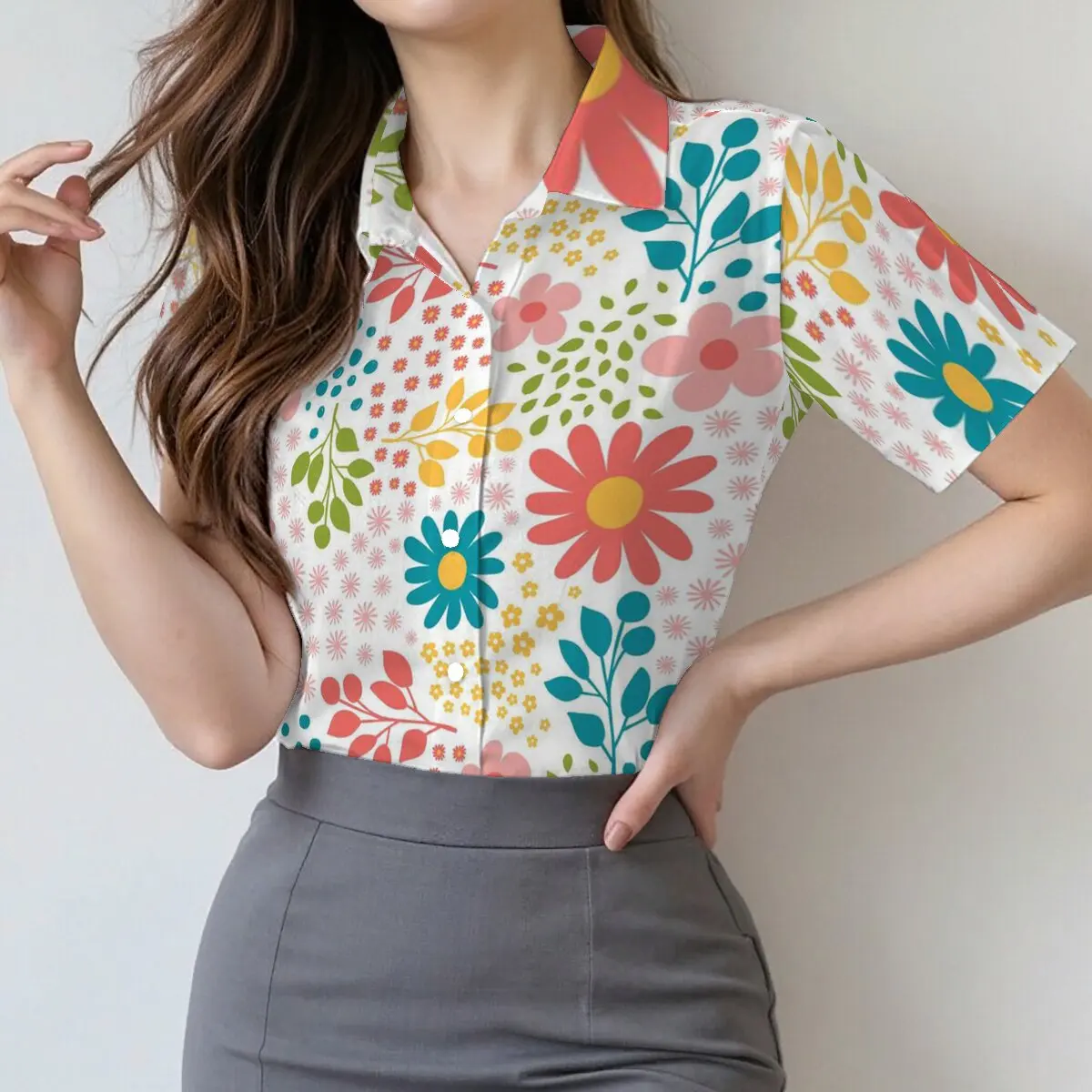 

Women's short-sleeved blouse for commuting, abstract art floral print, lapel, slim fit, versatile and professional style