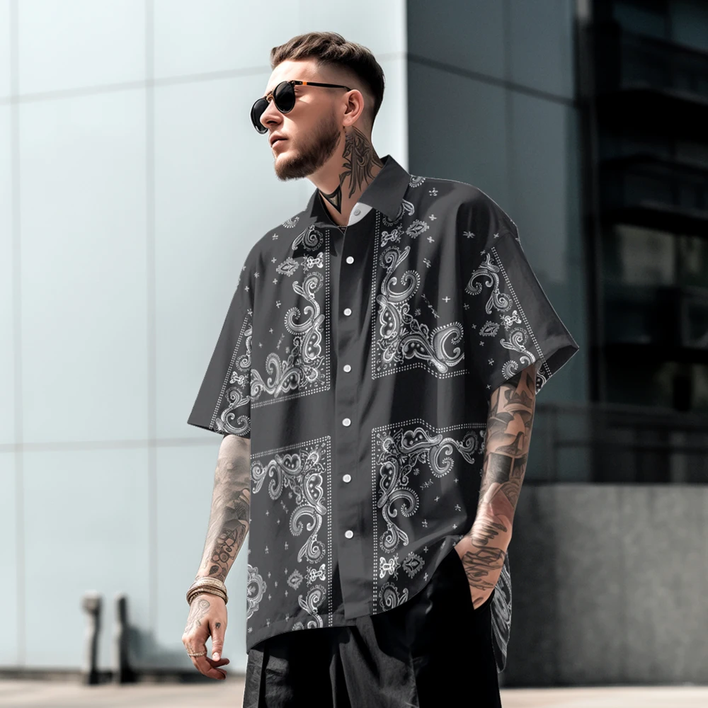 

Summer casual oversized short sleeved shirt with full body print, loose Hawaiian beach trendy and comfortable single row buttons