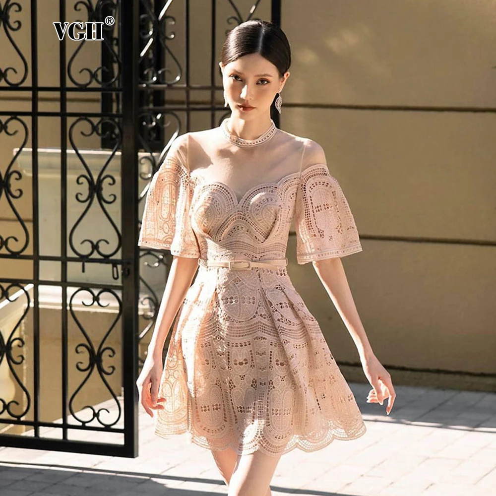 VGH Elegant Vintage Chic Lace Mini Dress For Women Round Neck Short Sleeve High Waist Embroidery Hollow Out Dresses Female New