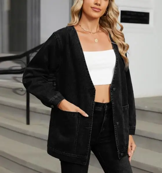 

Осенняя новая однотонная повседневная стираная винтажная джинсовая куртка в стиле ретро, женская джинсовая куртка с v-образным вырезом и свободными пуговицами, с большим карманом