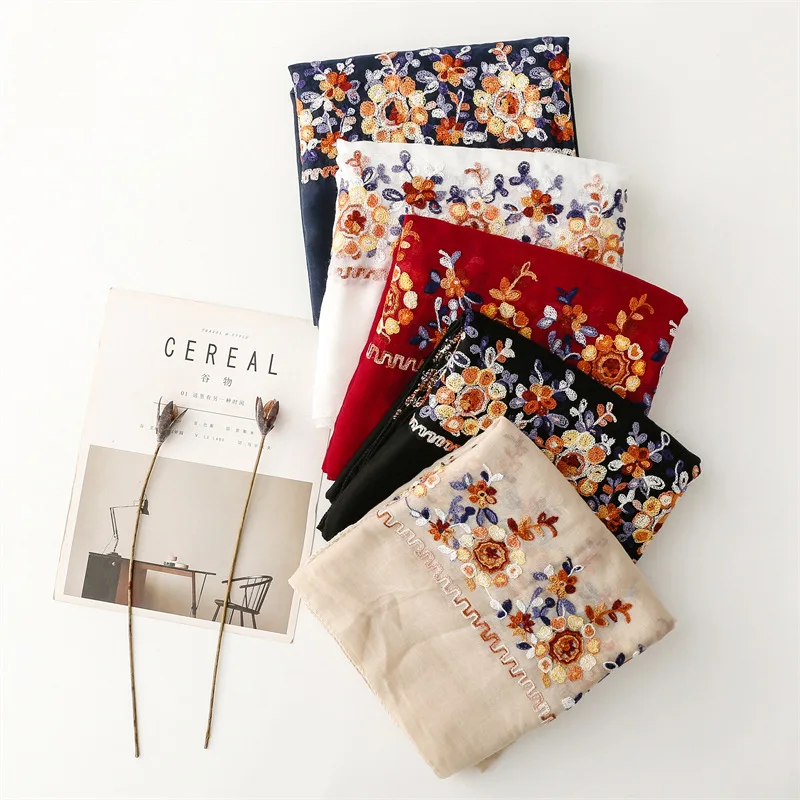 

Boho Embroidered Cotton Linen Scarf for Women, Solid Color Ethnic Shawl, Sunscreen Wrap for Travel & Daily Wear