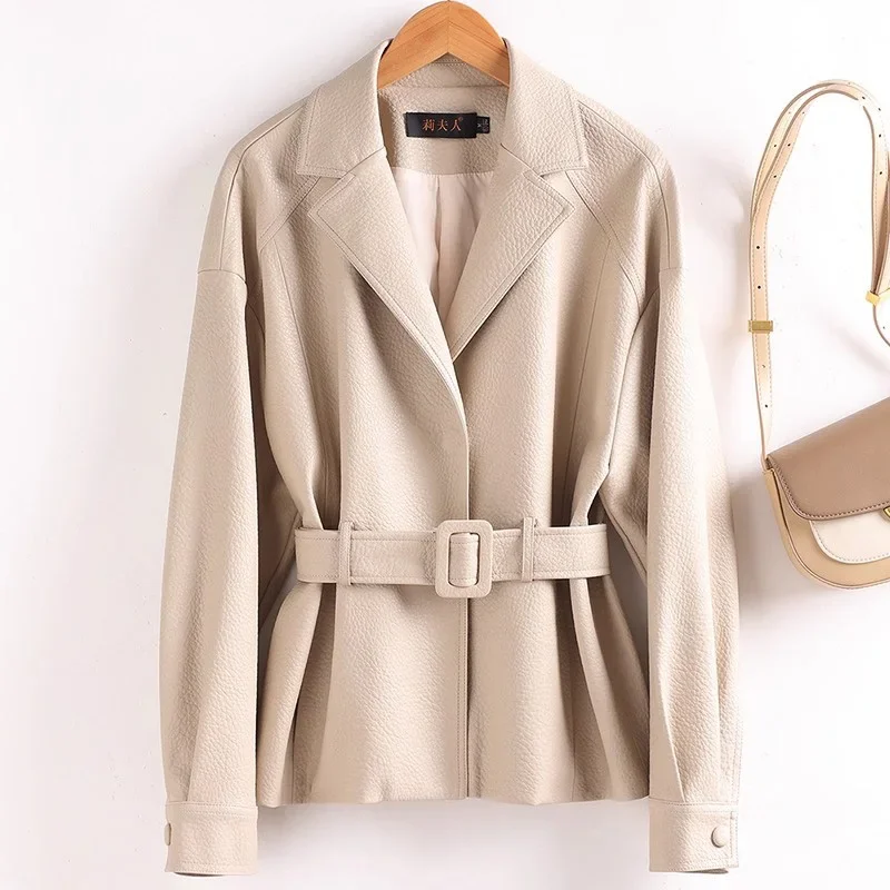 Women Split Leather Blazer With Slim Waist Belt Spring Autumn Fashion Notched Collar Loose Leather Jacket Female Coat