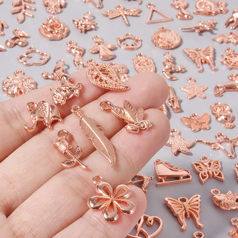 10-70PCS Mixed Rose Gold Color Mini Plant Flower Leaf Tree Animals Charms Pendant For DIY Earrings Bracelet Jewelry Accessories