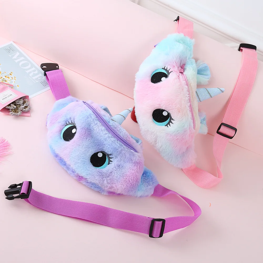 Bolso de hombro de felpa de dibujos animados para niños, riñonera con estampado de unicornio, bolso de pecho bonito para niña, bolsos cruzados, bolsos de pecho para niños, monedero