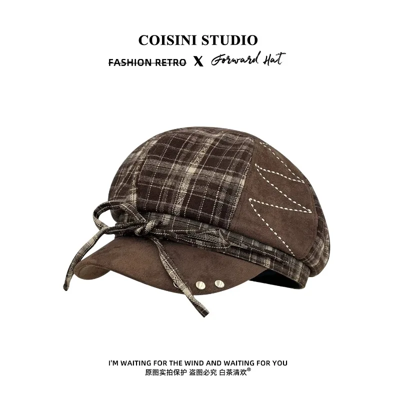 Punk-style Retro Rivet Bow Strap Berets for Women Summer Autumn Travel Leisure Versatile Show Face Small Literary Newsboy Hat.