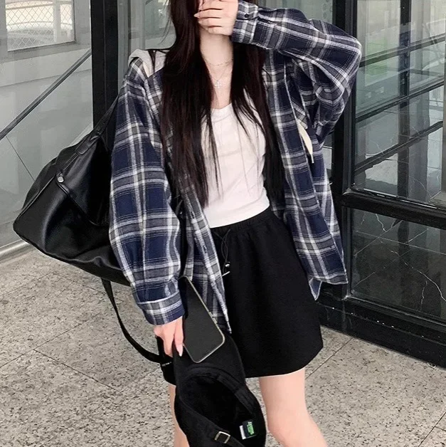 

Spot 2025 spring and autumn new South Korea Dongdaemun lazy leisure loose college style hooded plaid explosion