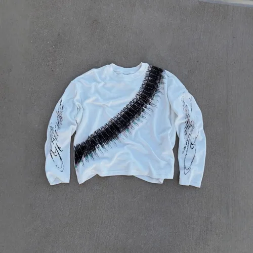 Imagen 2 del producto Jersey holgado con estampado de calle, camiseta de manga larga con gofres, top informal americano con cuello redondo para hombre