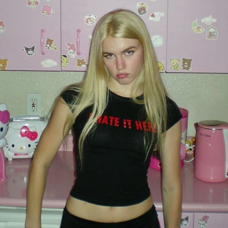 

I HATE IT HERE Aesthetic Cute Vintage Street Women Print Grunge T-shirt Y2k Clothes Gothic Black Baby Tee Emo Girl Slim Crop Top