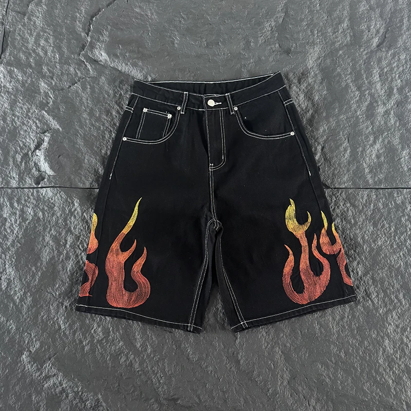 New Arrival DERSCHUTZE Unisex Shorts Mid Thigh Black Denim Shorts Bilateral Burning Flame Embroidery Relaxed Casual Daily Pants