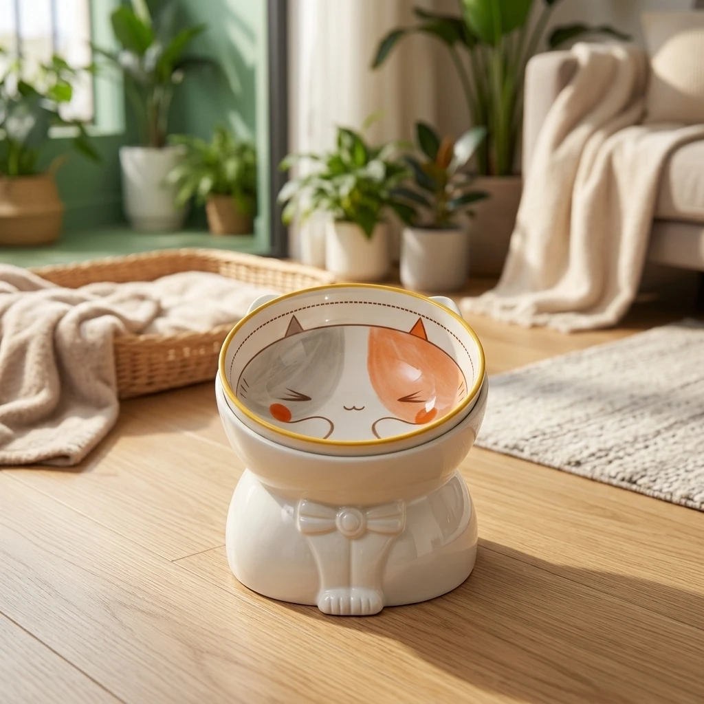 Cartoon Cat Bowl High-temperature Ceramic For Indoor Feeding Angled Wide Rim Plastic Non Slip Base Pet Food Water Dish Durable