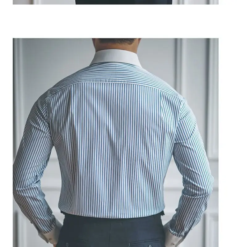 Camisas ajustadas de manga larga para hombre, Tops casuales inteligentes, cuello vuelto, rayas, botonadura única, Vintage, combina con todo,