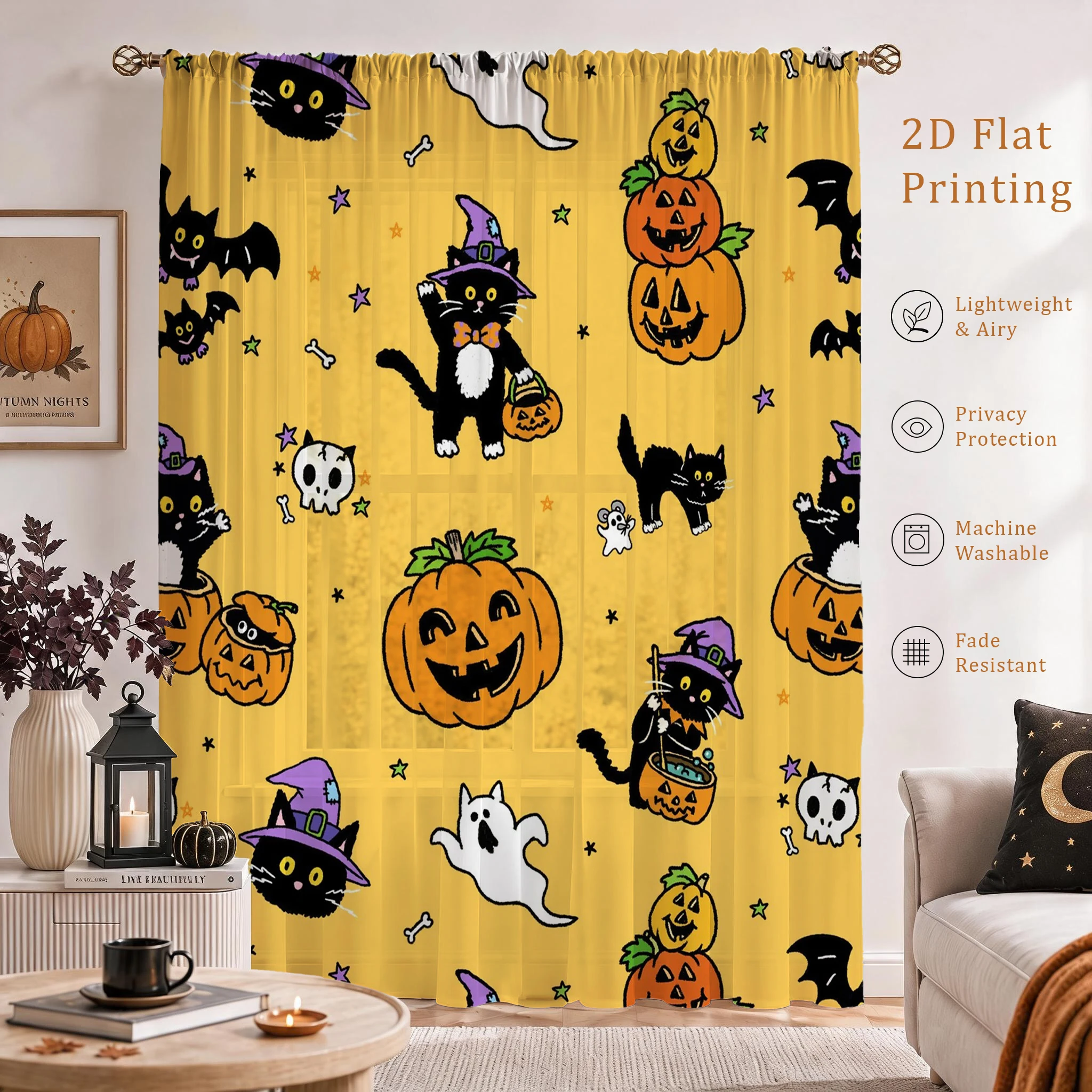 Digitally printed 2D flat print, semi-transparent voile fabric, rod pocket design, perfect Halloween window decor for home,party