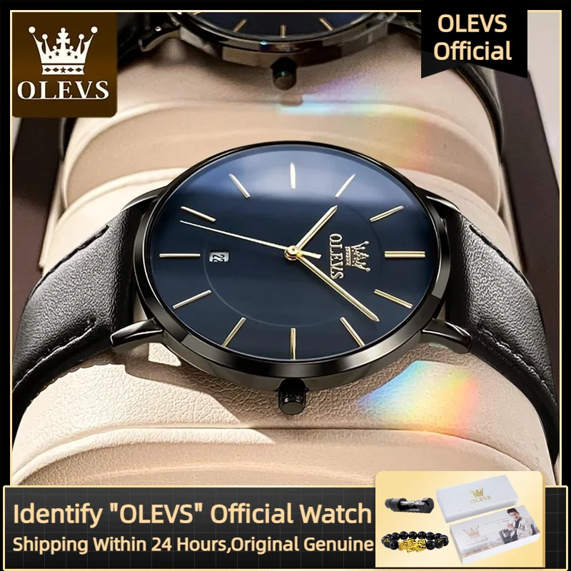 OLEVS 5869 Men's Watch Premium Business Waterproof Leather Strap Fashionable Ultra Thin 6.5mm Date dial Luxury Quartz Men Watch