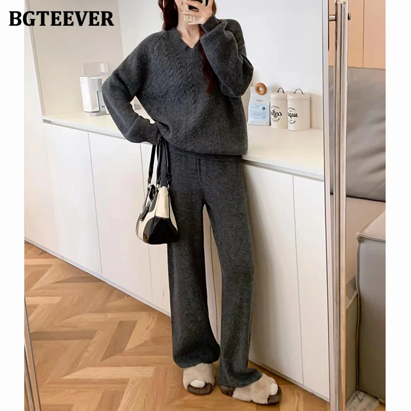 BGTEEVER Casual Warm Ladies Knitted Tracksuits V-neck Long Sleeve Sweaters Tops & High Waist Wide Leg Trousers Autumn Winter