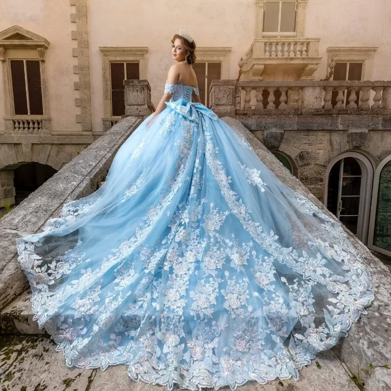 Sky Blue  Glittering Quinceanera Dress Beading  Shiny  Appliqued  Vestidos De 15 Años Sweet Formal Birthday Party Ball Gown