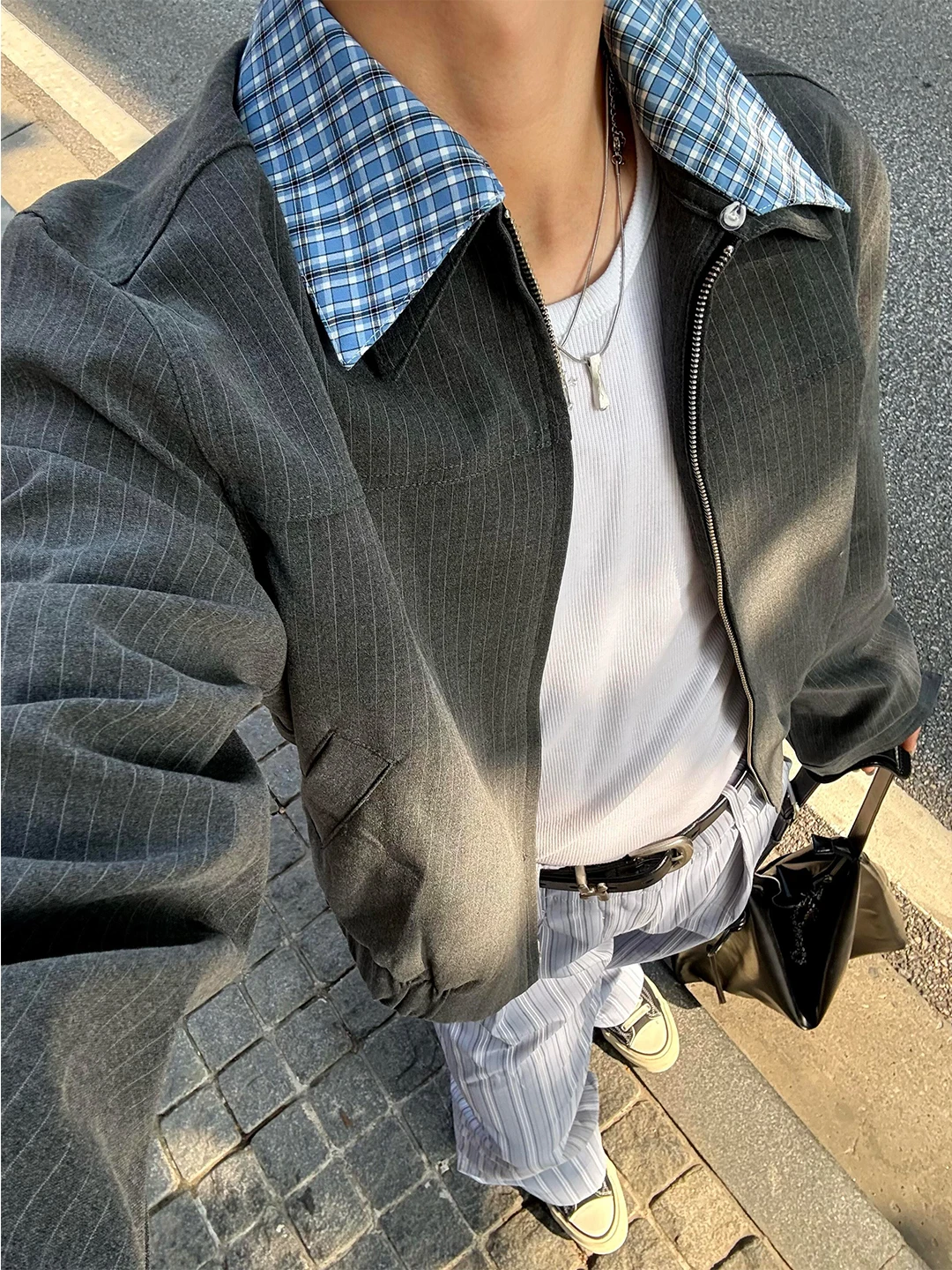 

Admin Plaid ort Jaet Men's Autumn Double Collar Regular Fit Teenage Faion Workwear Youthful k Stripe Two-Piece Look