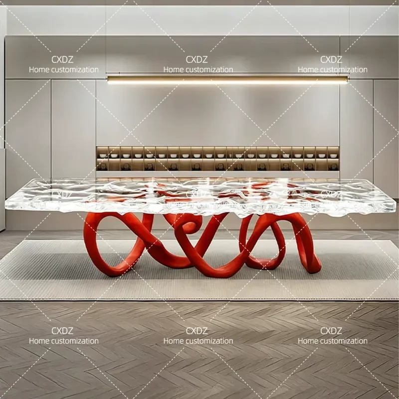 Transparent Resin Dining Table Glacier Water Ripple Effect Large Board Desk Art Coffee Tea Table Light Luxury Style for Villa
