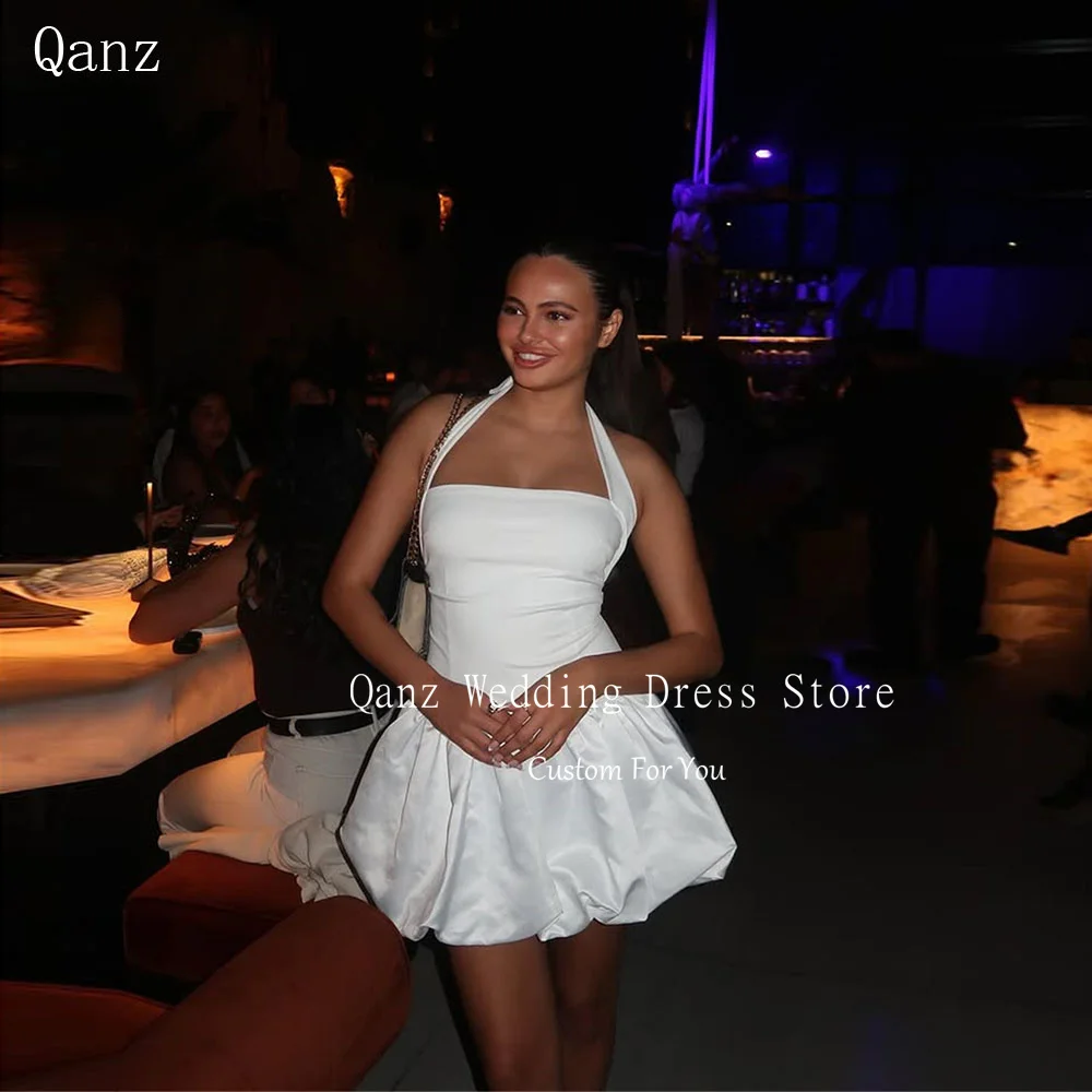 

Qanz Short Puff A Line Wedding Dresses Halter Neck Strapless Party Dresses Sexy Backless Mini Satin Vestidos De Novia Customized