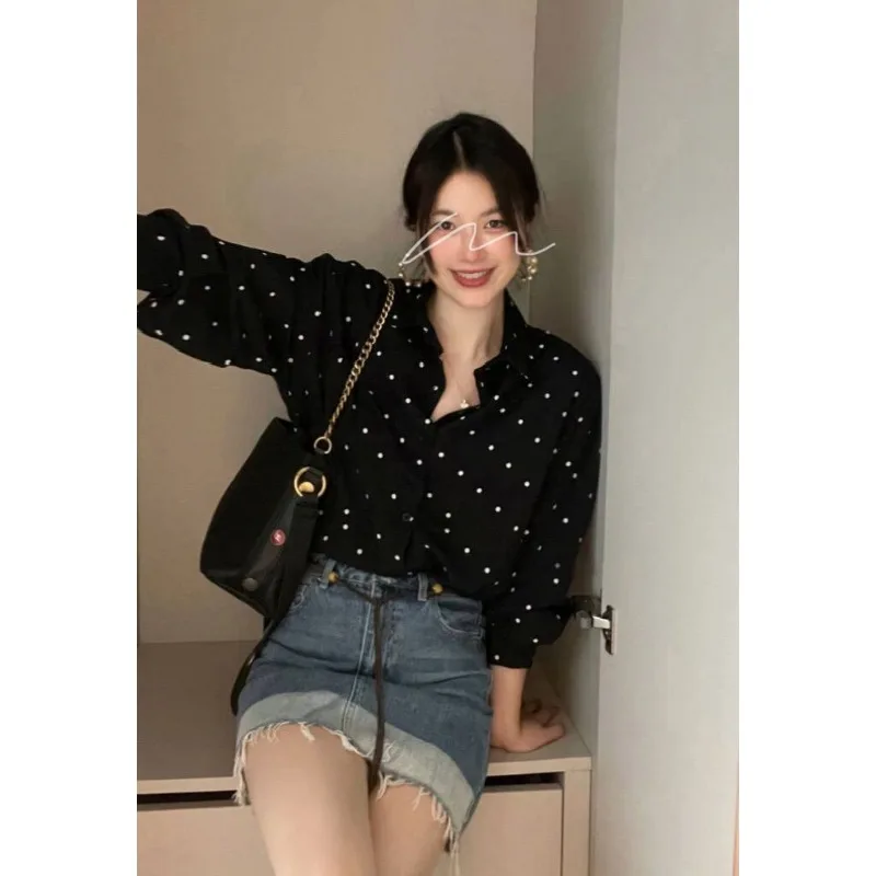 한국 패션 레트로 셔츠, 용수철 가을 프린트 히트 컬러 물방울 무늬, 루즈 캐주얼 단추 긴팔 여성 셔츠, 2024 신상