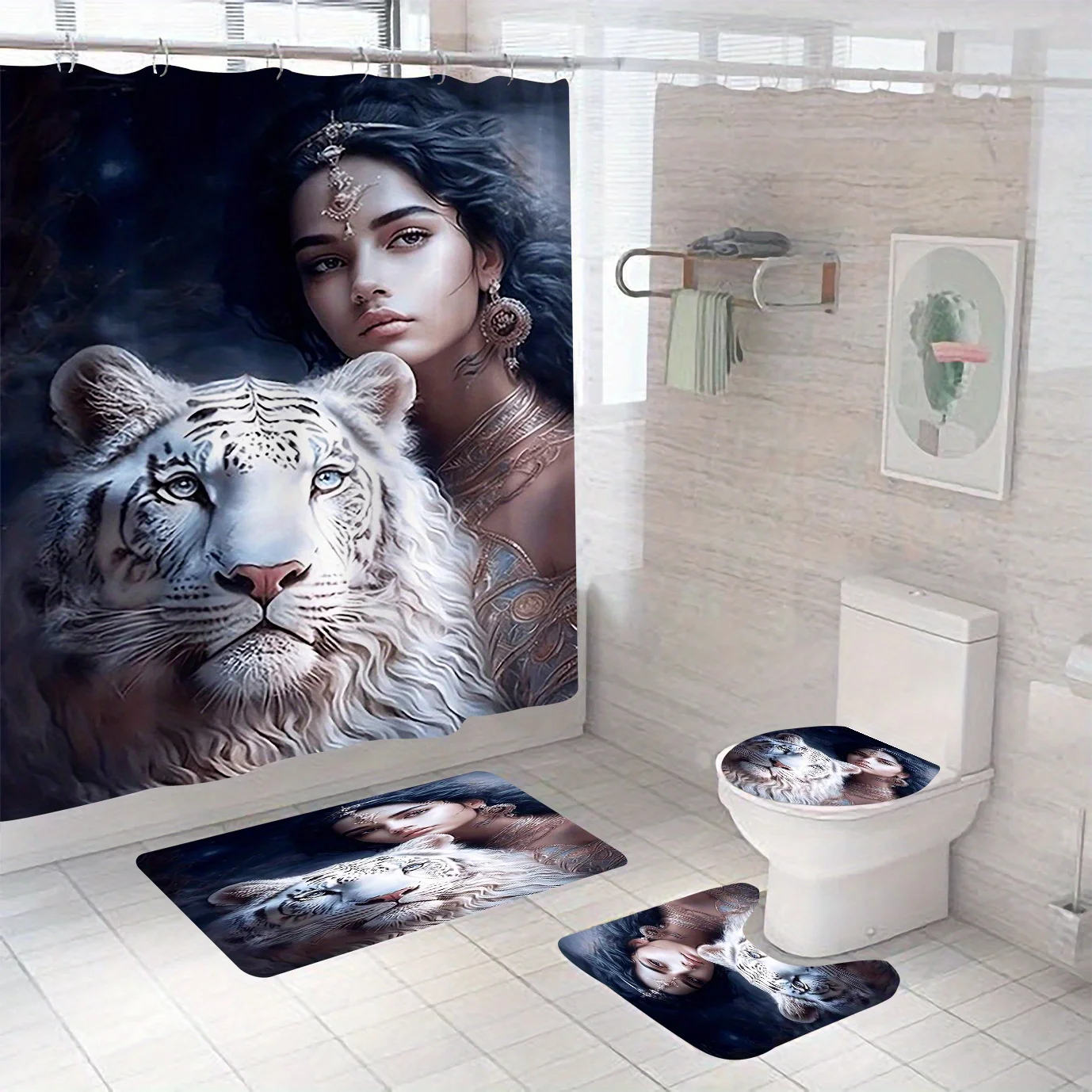 

4pcs Beauty and Fierce White Tiger Pattern Shower Curtain Set Bathroom Curtain, Bathroom Decor Shower Curtain, Floor mat