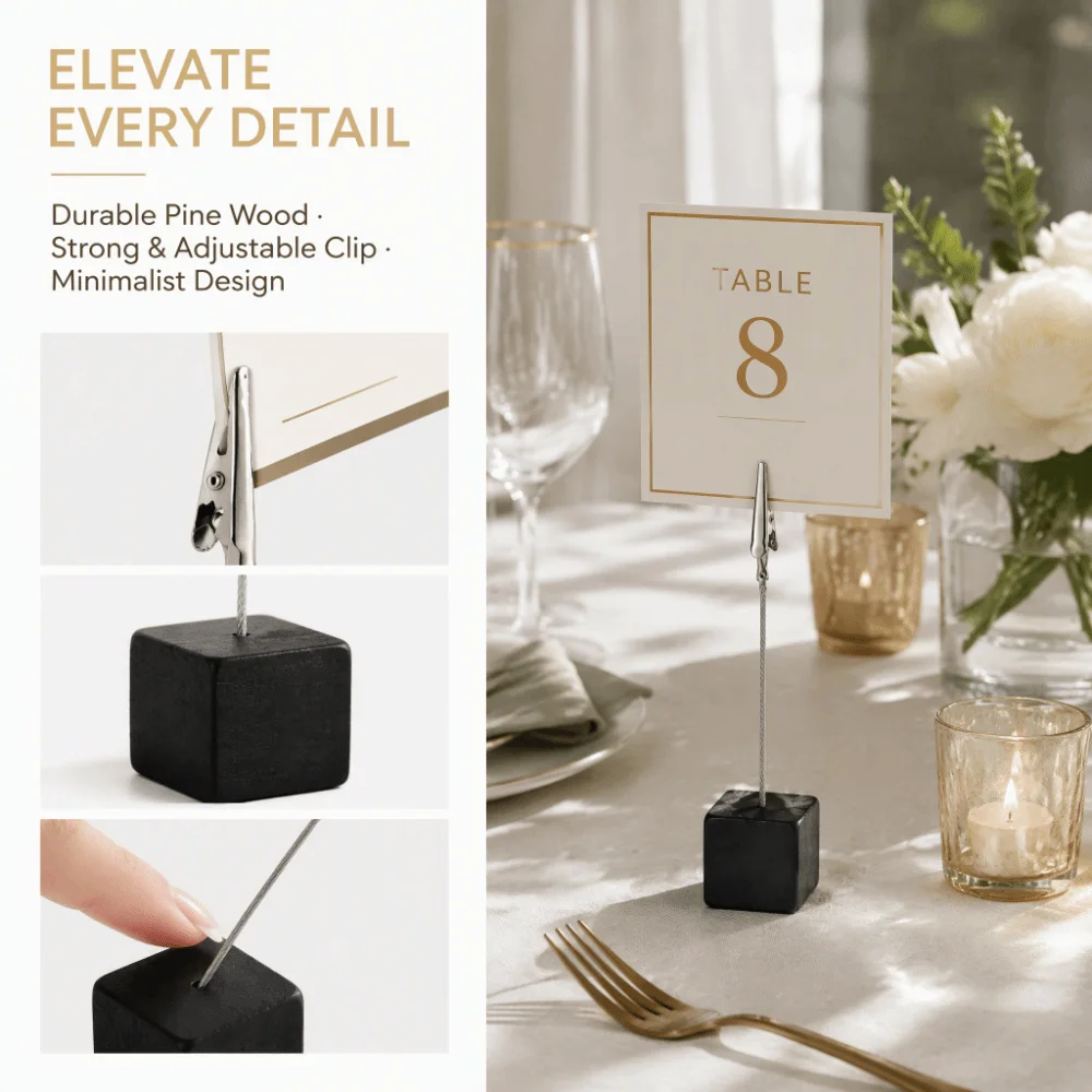 12PCS Black Card Holder Cube 0.98x4.13in Cube Base Design Table Number Stand Stable Base Note Holder Stand Home Decoration