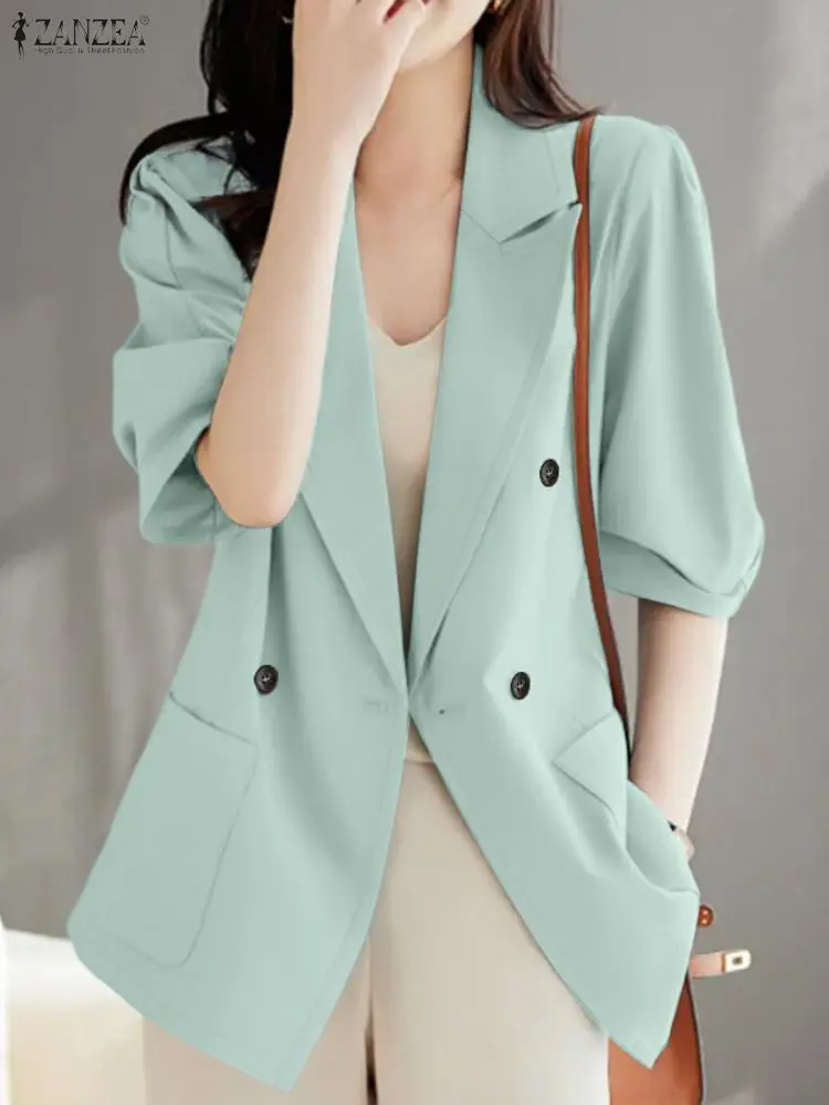 

ZANZEA Women Elegant Chic Lightweight Blazer 2026 Spring Casual Peak Lapel Half Sleeve Solid Color Suit Jackets Office Commuting