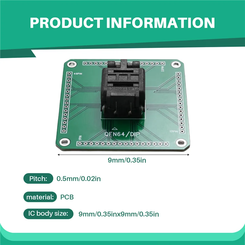 Adaptador Plastronics 64QN50S19090: zócalo de programación y prueba QFN64 a DIP IC, paso de 0,5 mm para paquete de 9 x 9 mm