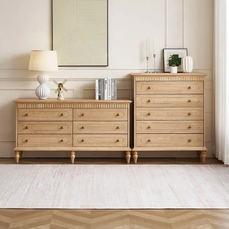 French Retro Ash Wood Chest of Drawers 6 Drawer Bedroom Storage Cabinet Living Room Wall Sideboard Log Color Dresser