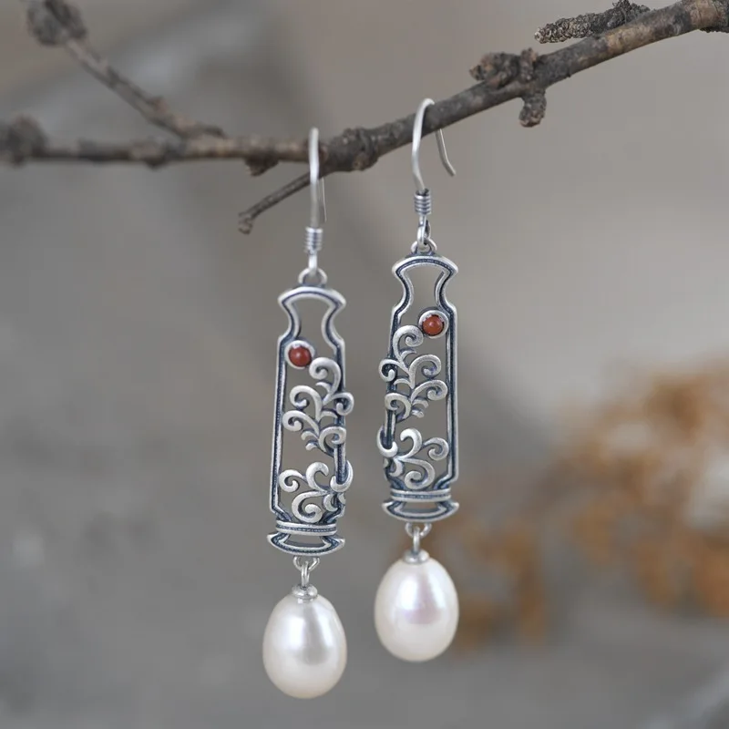 

Retro silver 925 Chinese style hollowed out long earring unique artistic design pearl earrings for women engagement jewelry gift