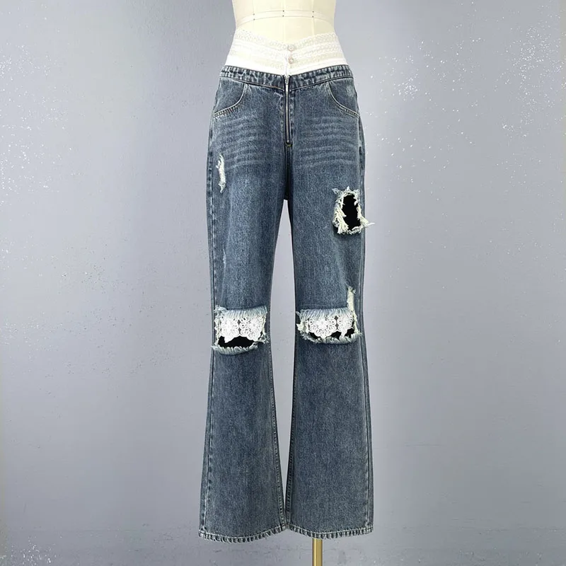 y2k spring and summer do old torn lace splicing high-waisted cotton Jeans2024 casual straight wide-leg pants Woman pants