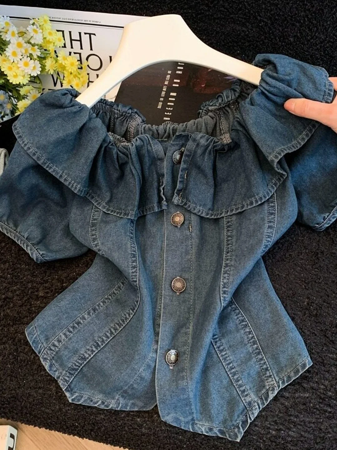 

French Style Ruched Waist Short Sleeve Denim Shirt Women's Summer Design Slimming Shoulder Bared Waist Cinching Short Top