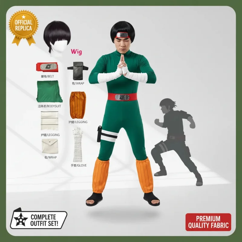 

✠ZTON ✠ZTON Anime Ninja Rock Lee Cosplay Costume Unisex Green Jumpsuit Bodysuit Wig Red Headband Halloween Outfit✠✠✠✠❥L