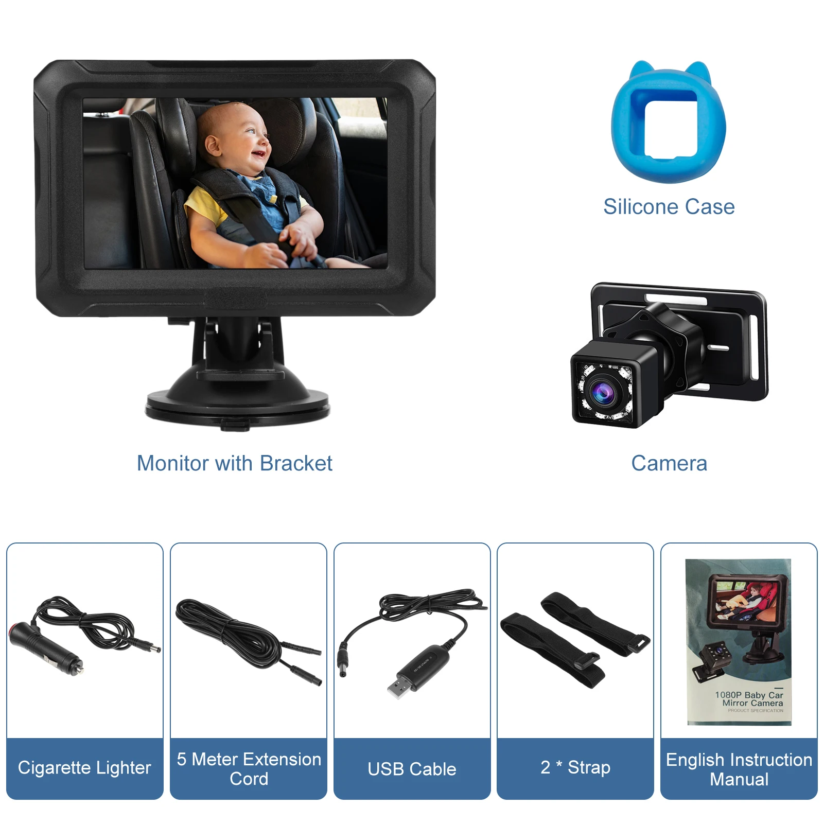 

4,3-дюймовый автомобильный видеомонитор для детей 1080P с USB-подключением и ночным видением 150° ° Зеркало для наблюдения за ребенком в автомобиле для детей и домашних животных